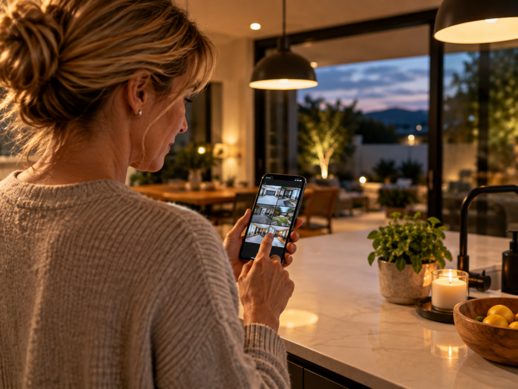 Homeowner checking her home CCTV cameras on her phone in the kitchen