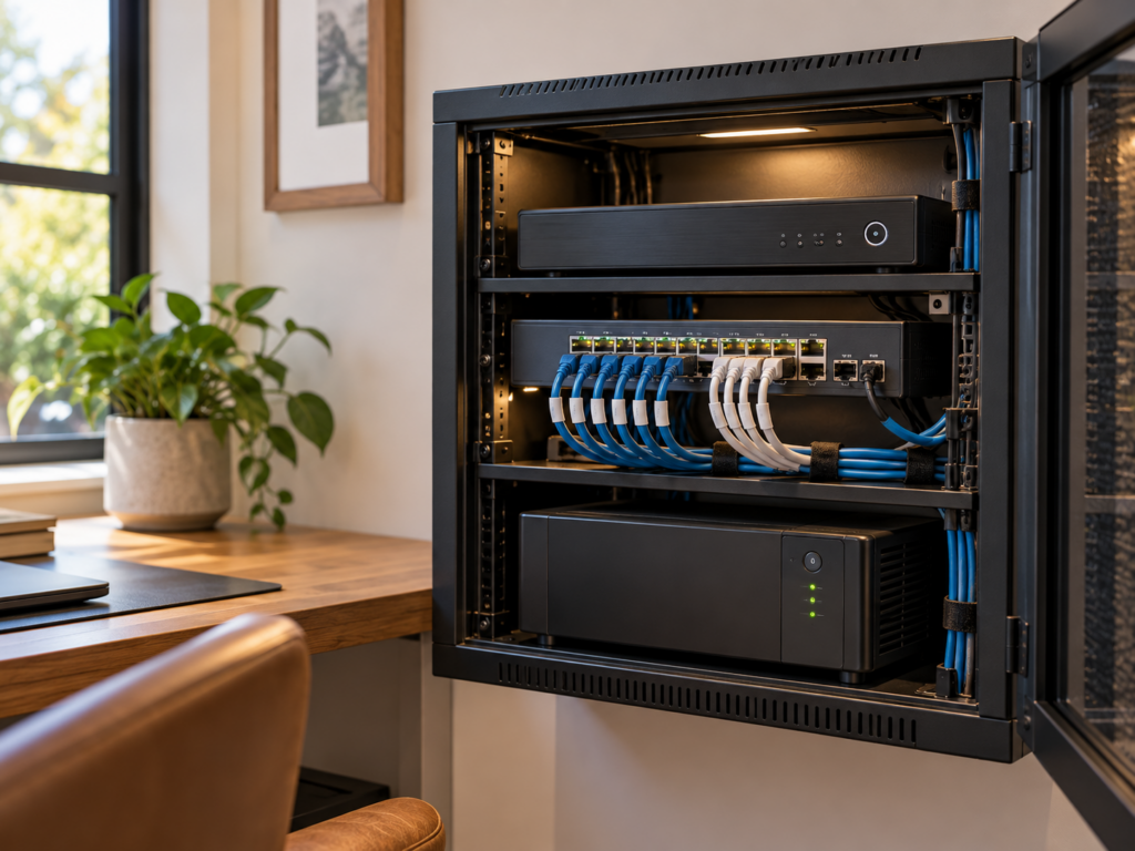 CCTV recorder, PoE switch and UPS backup in a home network cabinet