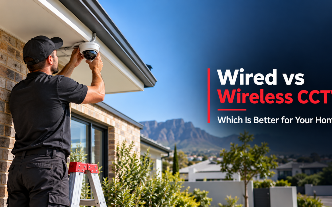 technician mounting a wired CCTV camera on a Cape Town home, with the title Wired vs Wireless CCTV